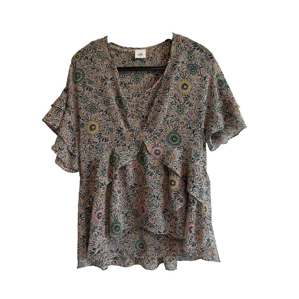 Cabi Floral Tiered Flutter Sleeve Top S Feminine Office Festival Cottagecore